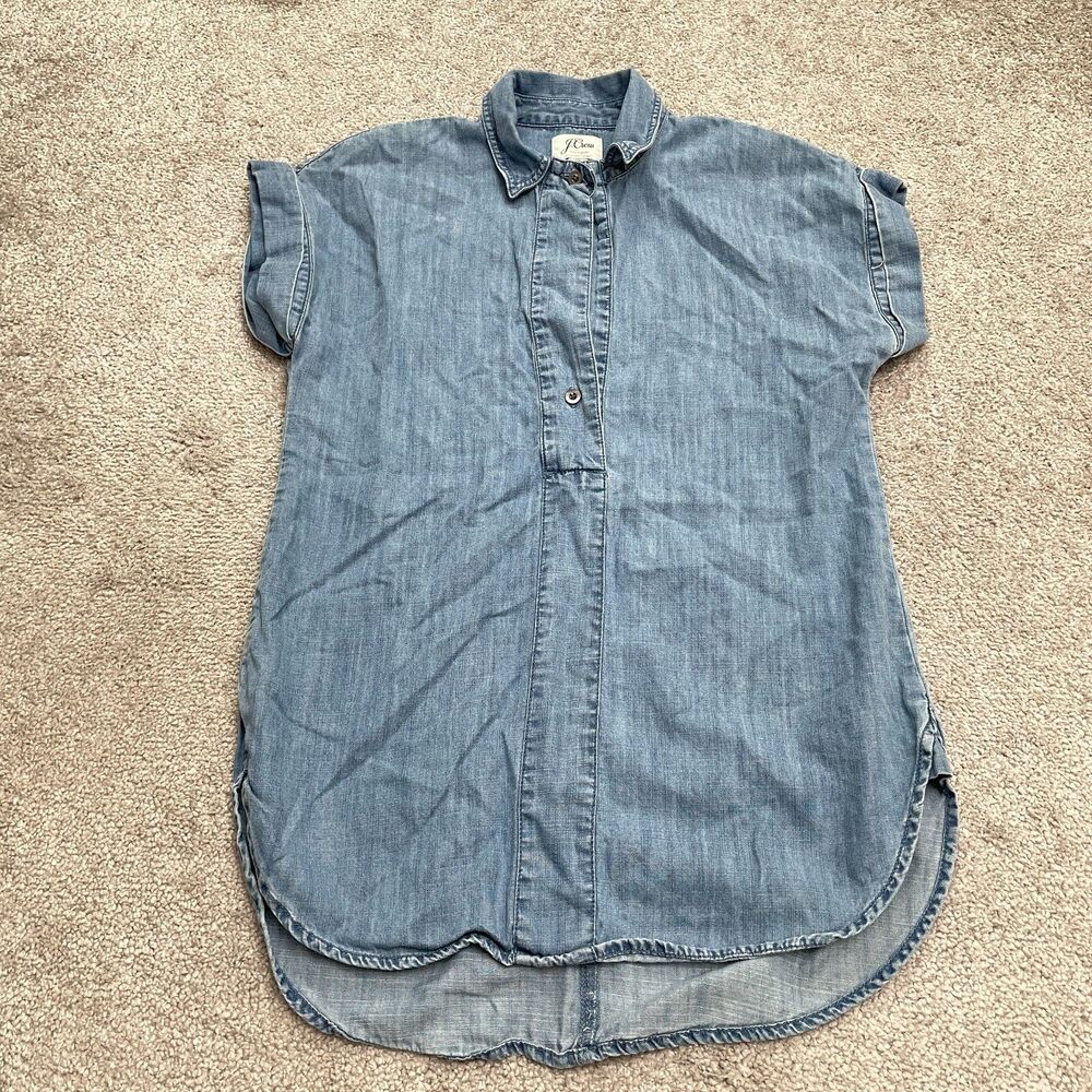 J.Crew Tunic Chambray Popover Shirt Blouse Women 00 Blue Short Sleeve Casual Top